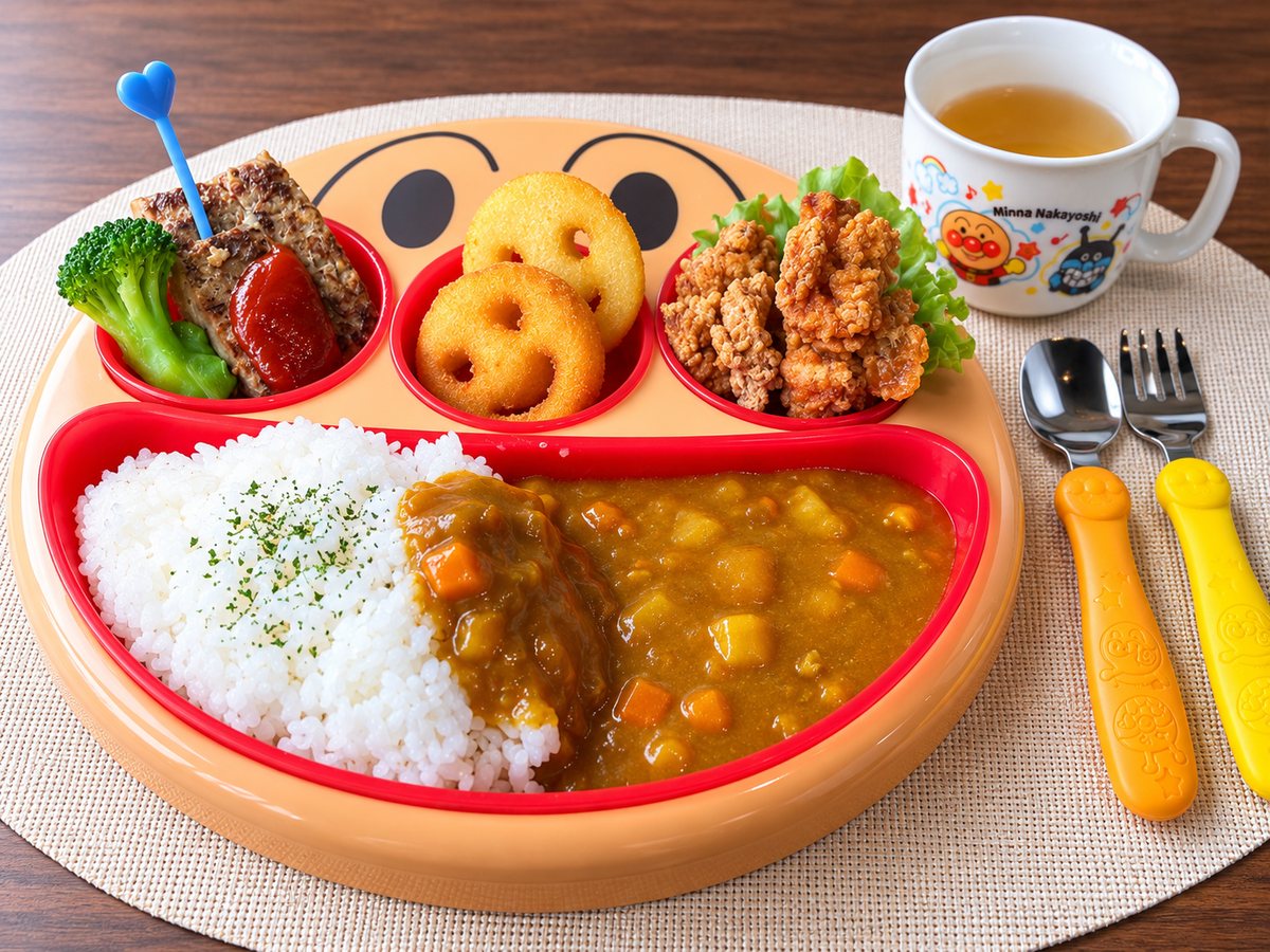 お子様ランチ。赤いプレートにカレーライス、から揚げ、ポテト、野菜、ゼリー