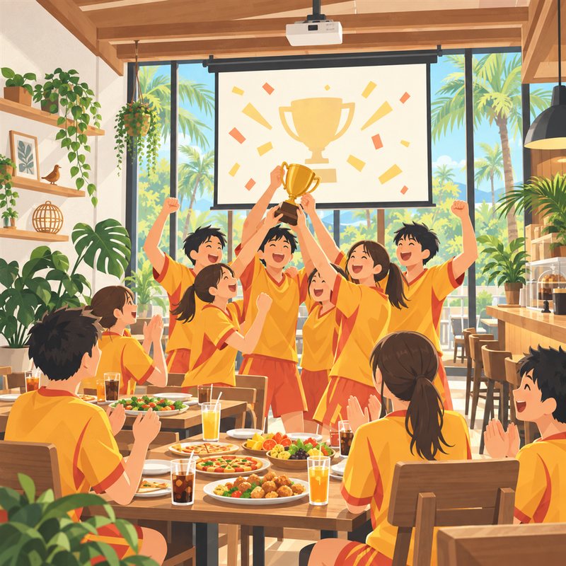 クラブ活動の祝勝会。トロフィーを掲げて喜ぶユニフォーム姿の若者たち