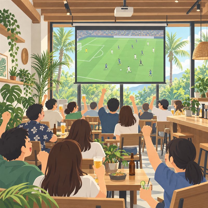 スポーツ観戦。大型スクリーンのサッカー中継で盛り上がる店内