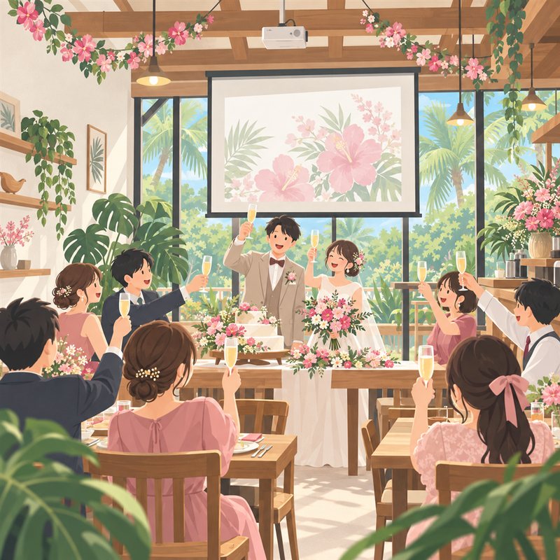 結婚式の二次会。新郎新婦を囲んで乾杯する友人たち